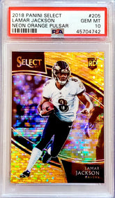 LAMAR JACKSON 2018 SELECT FIELD ROOKIE RC NEON ORANGE PULSAR PRIZM #/9 PSA 10 GEM MINT RAVEN